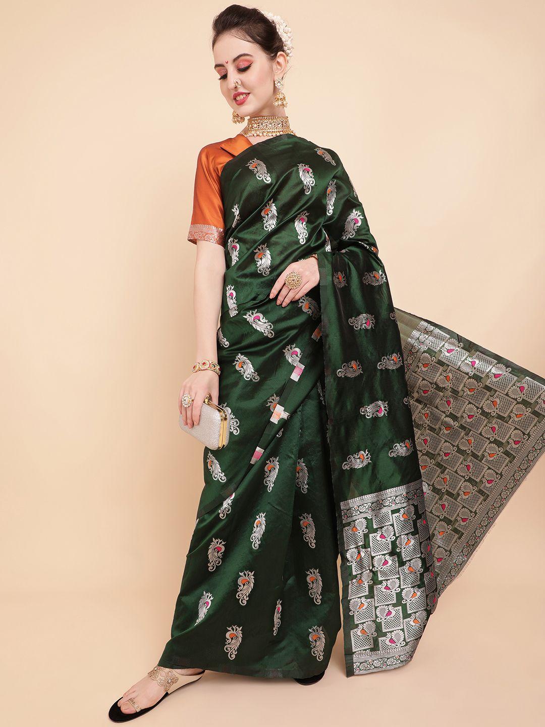 sangria olive green & silver-toned woven design zari silk blend banarasi saree
