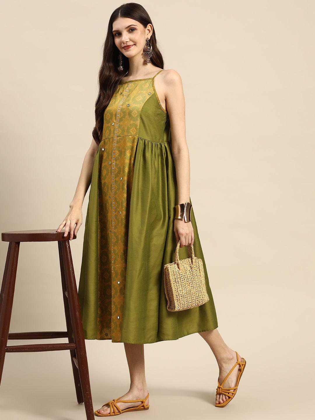 sangria olive green & yellow ethnic motifs midi dress