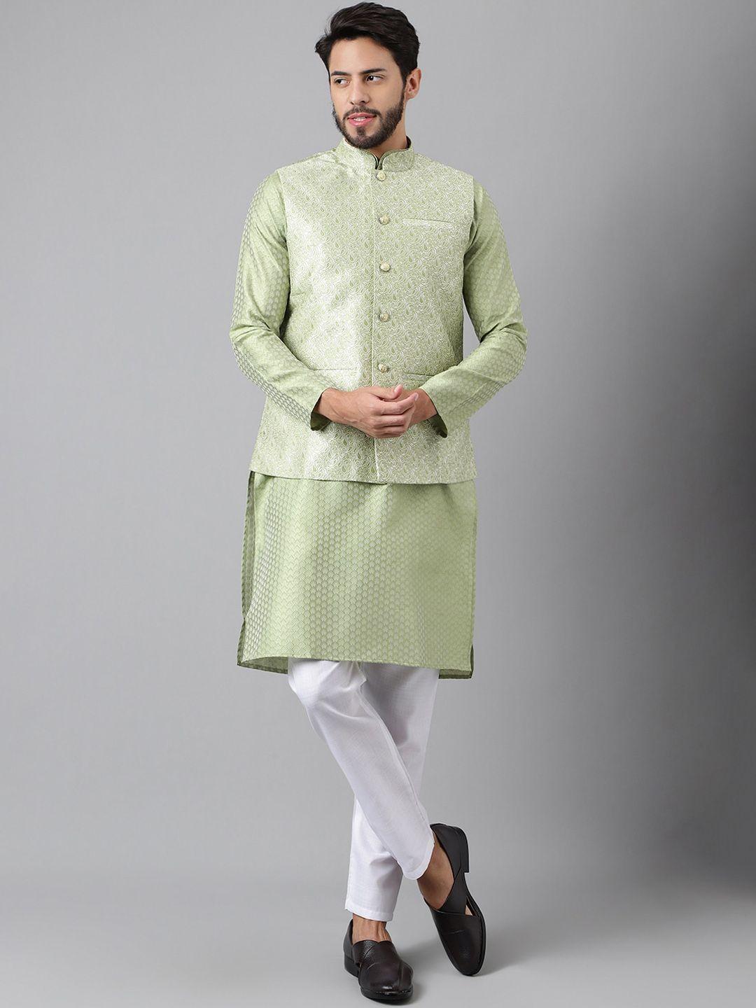 sangria olive green geometric woven design straight kurta with pyjamas & nehru jacket