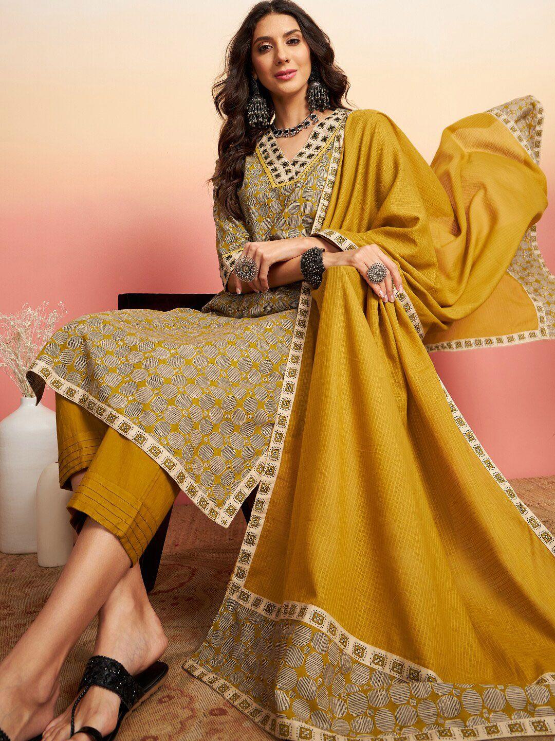 sangria olive green printed kurta set