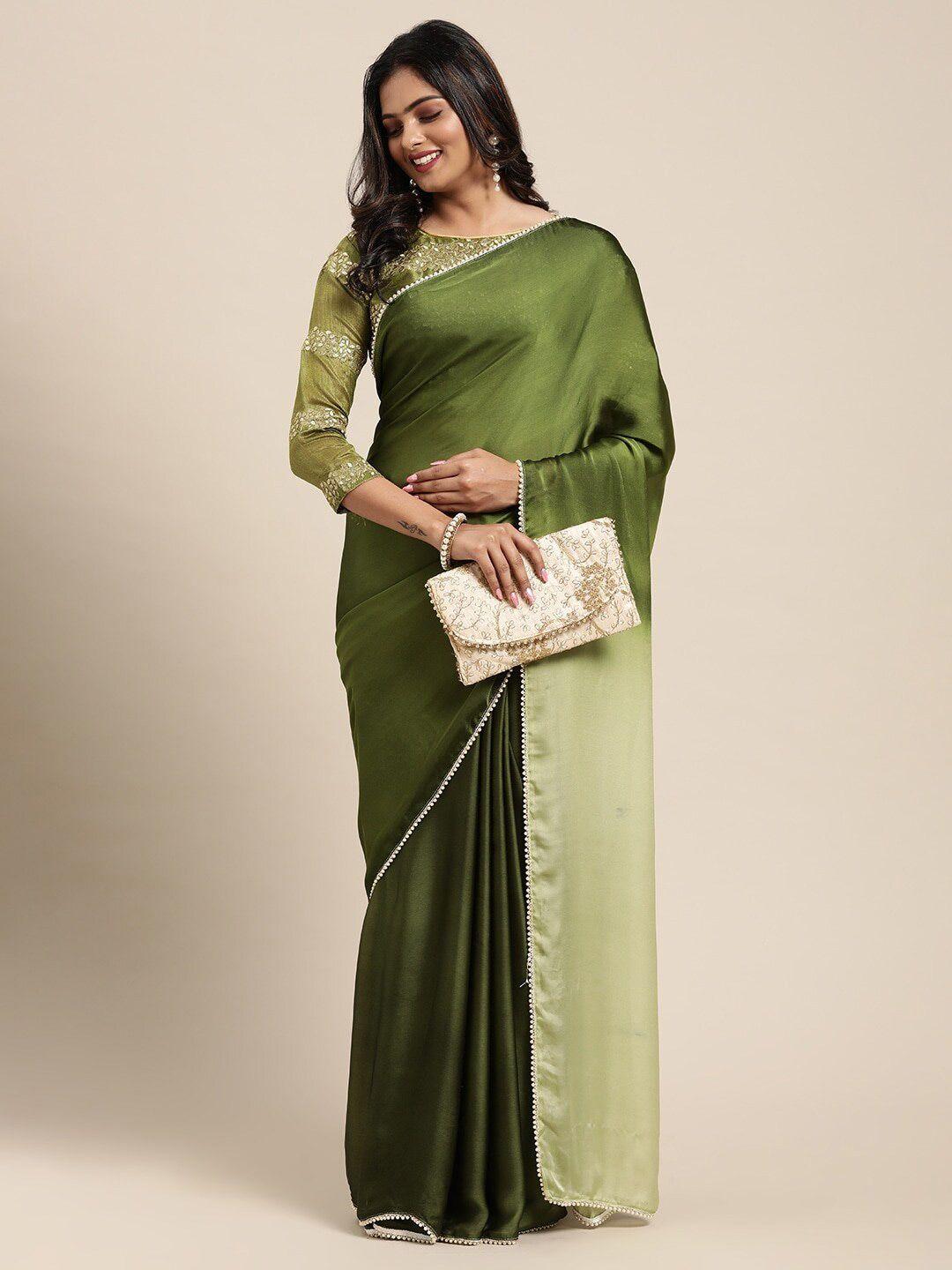 sangria olive green satin saree