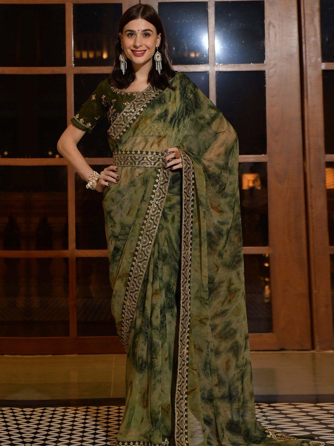 sangria olive green tie & dye embroidered pure chiffon saree