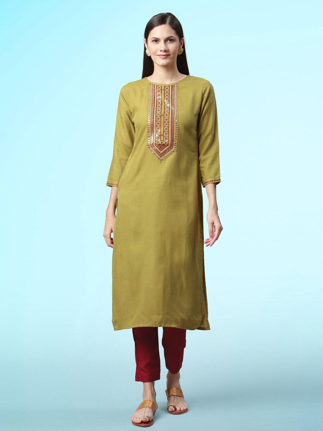 sangria olive green yoke design thread work straight kurta & trousers