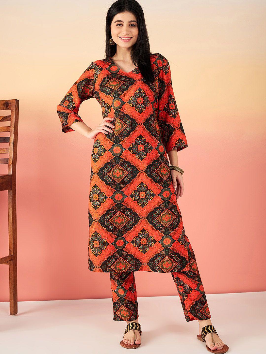 sangria orange & black ethnic motifs printed straight kurta with trousers