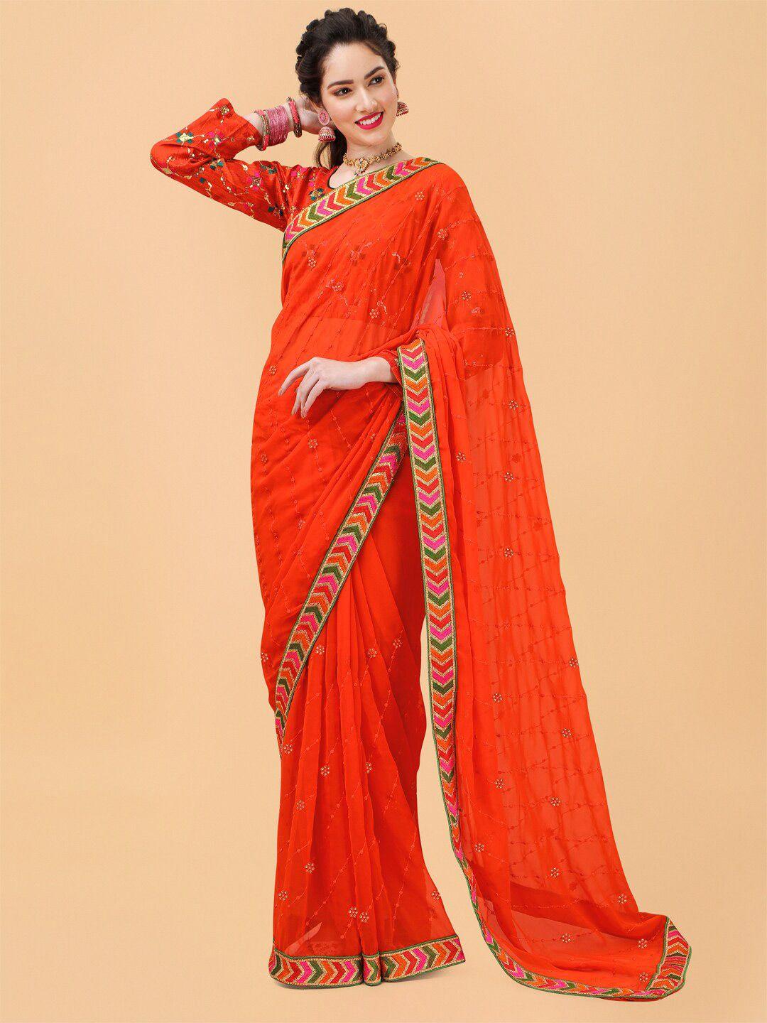 sangria orange & green floral embroidered pure georgette saree