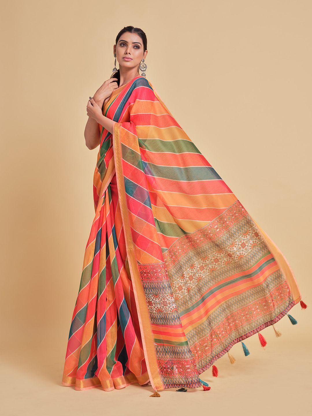 sangria orange & green printed pure cotton saree