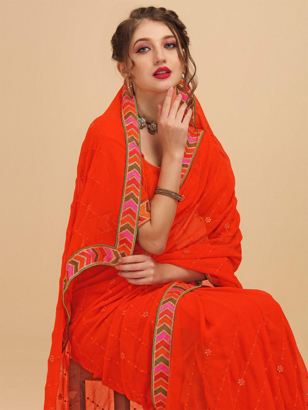 sangria orange & green striped embroidered pure georgette saree