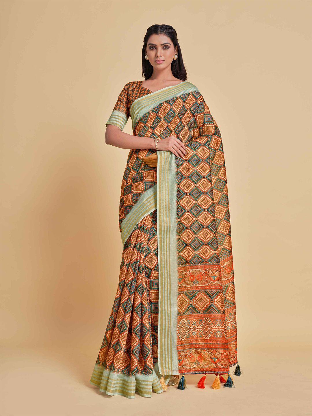 sangria orange & green zari pure cotton saree