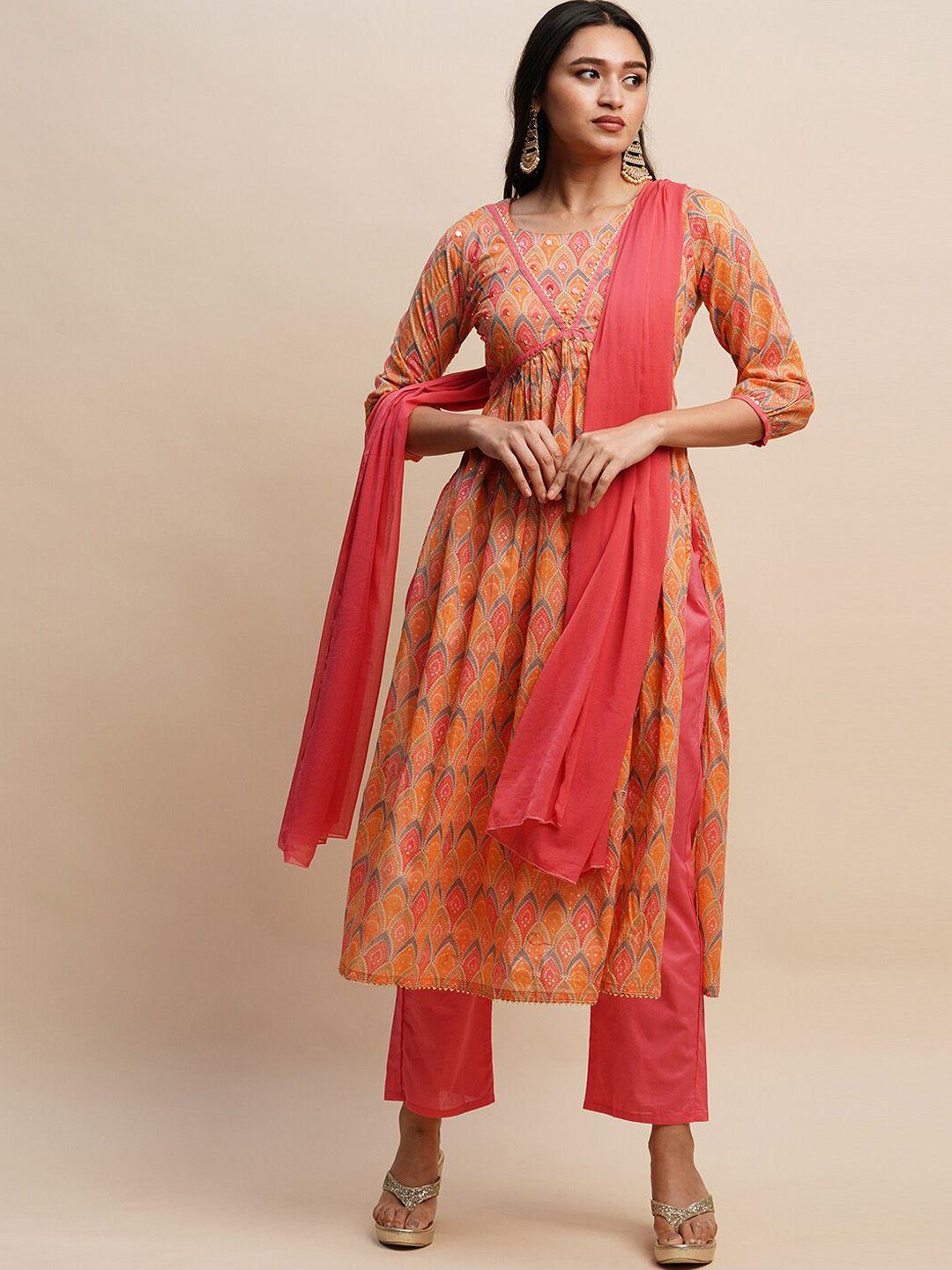 sangria orange & pink printed empire pure cotton a-line kurta with trouser & dupatta