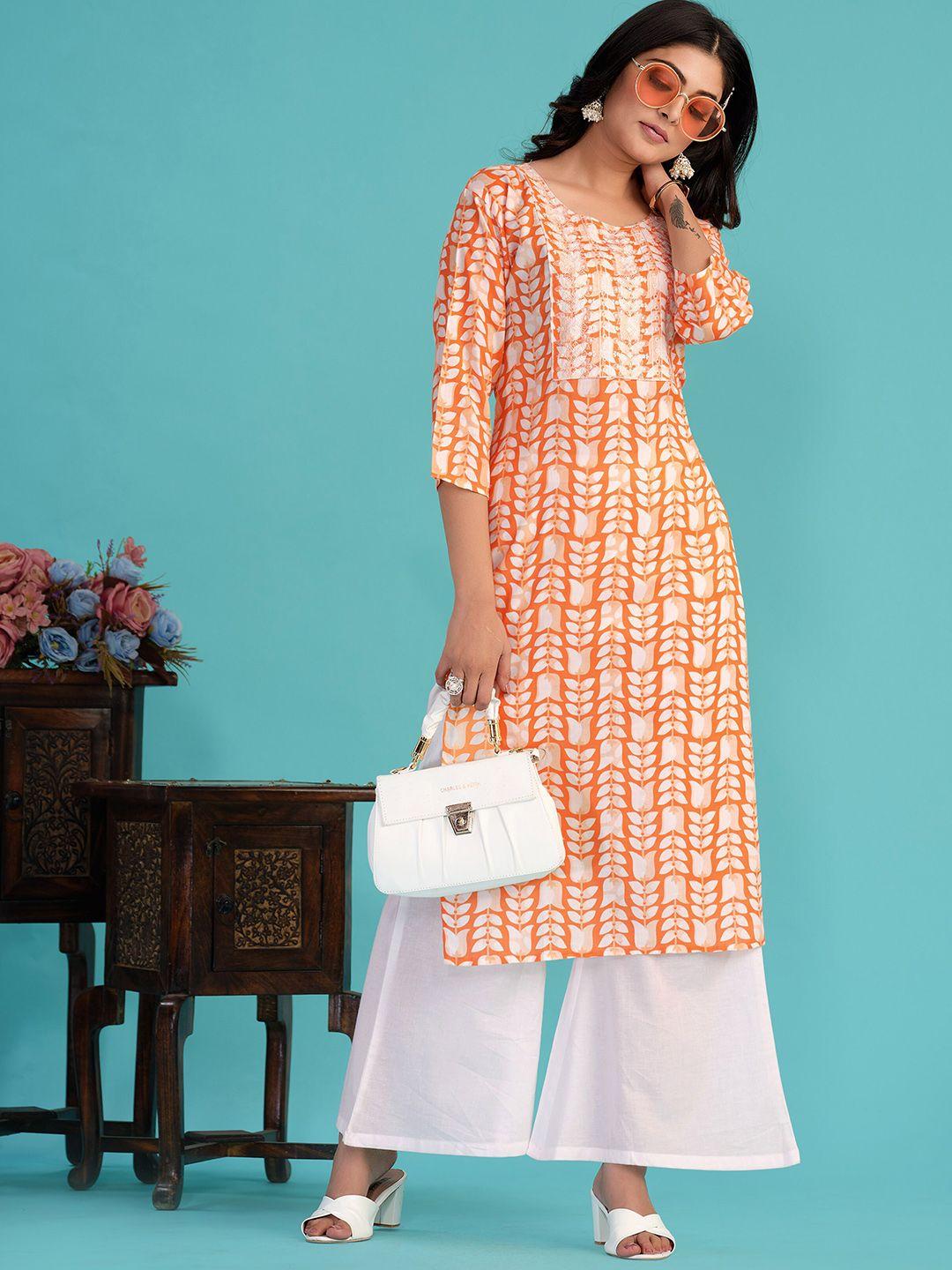 sangria orange & white ethnic printed thread work pure cotton straight kurta