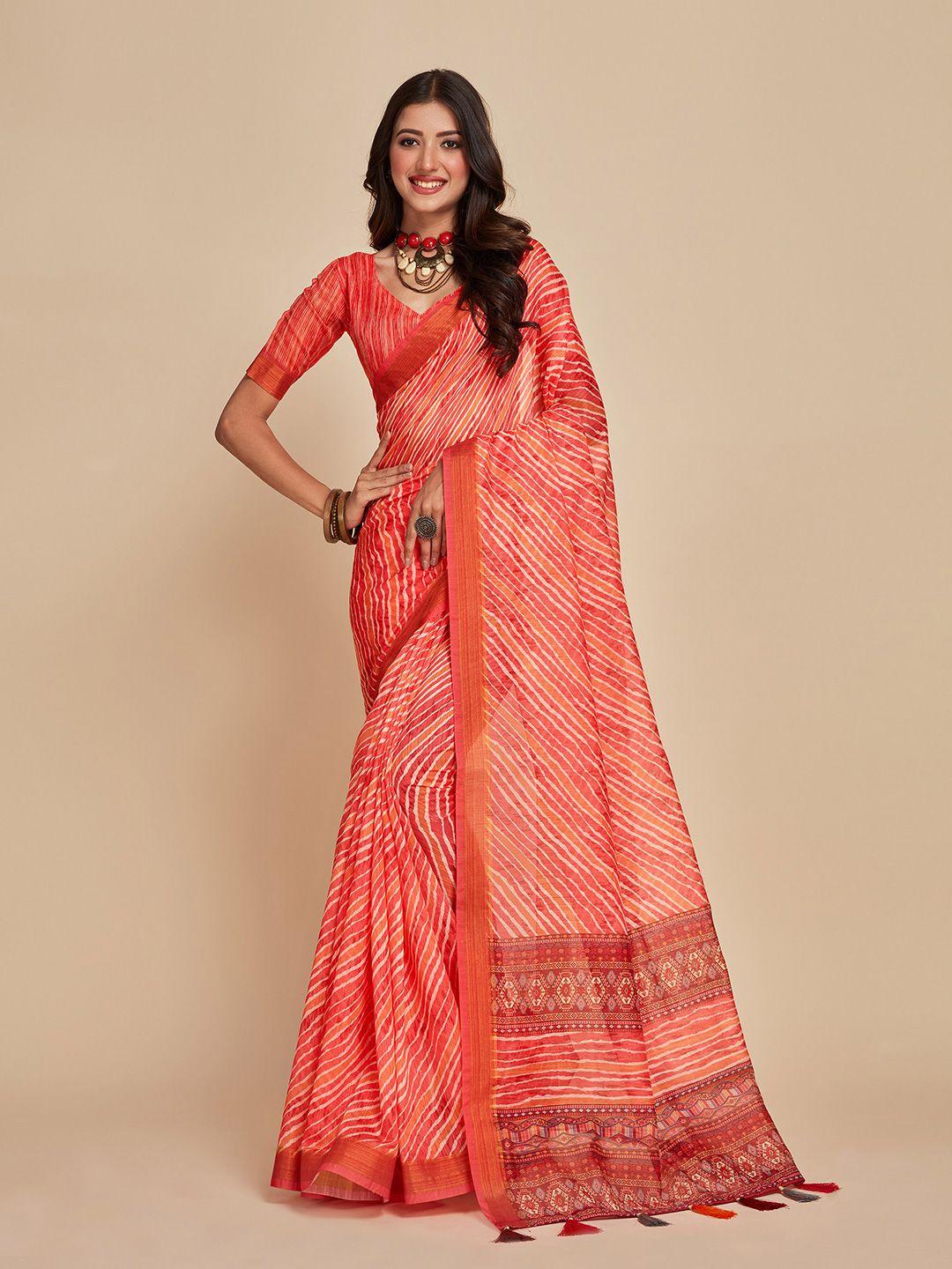 sangria orange & white leheriya printed tasseled zari saree