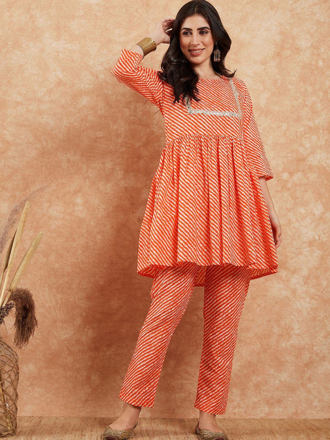 sangria orange-coloured & beige leheriya printed pure cotton a-line kurti with trouser