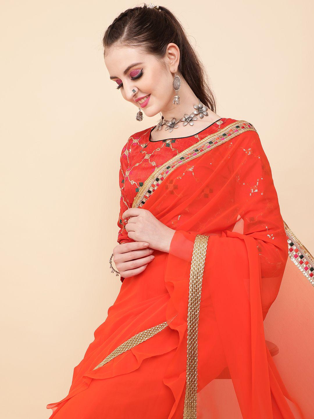 sangria orange embellished kutchi embroidery pure georgette saree