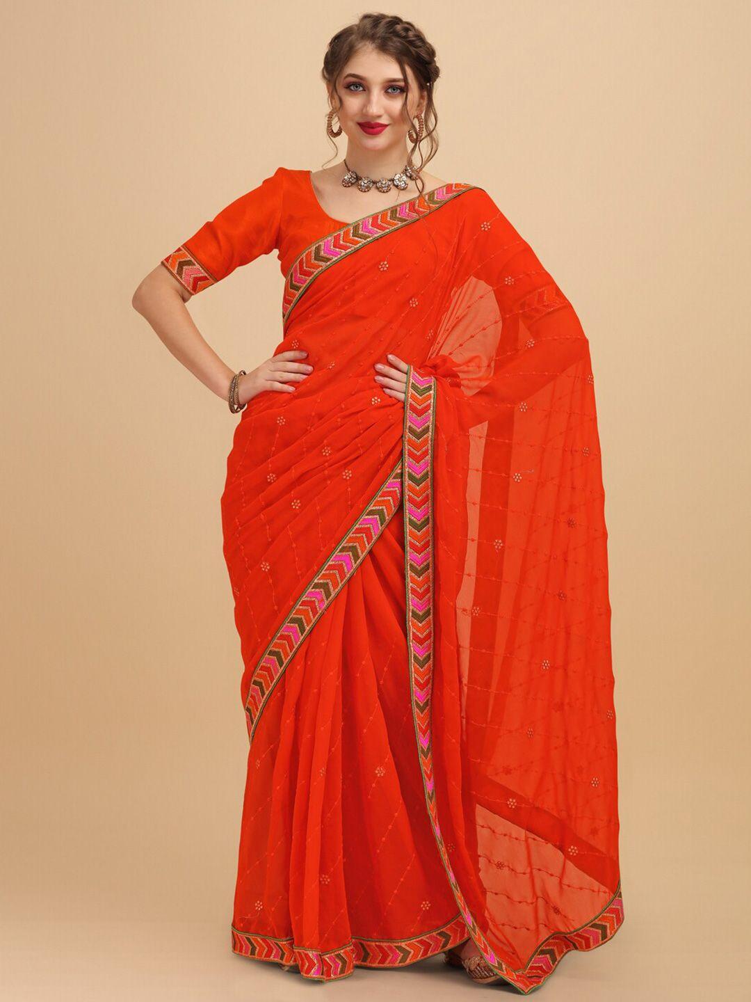 sangria orange embroidered pure georgette saree