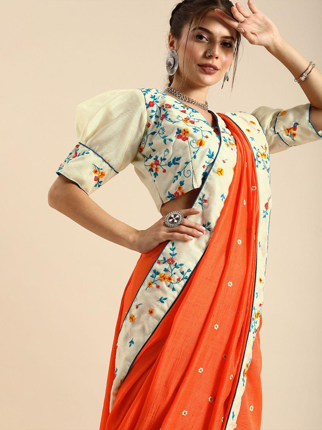 sangria orange embroidered silk blend saree