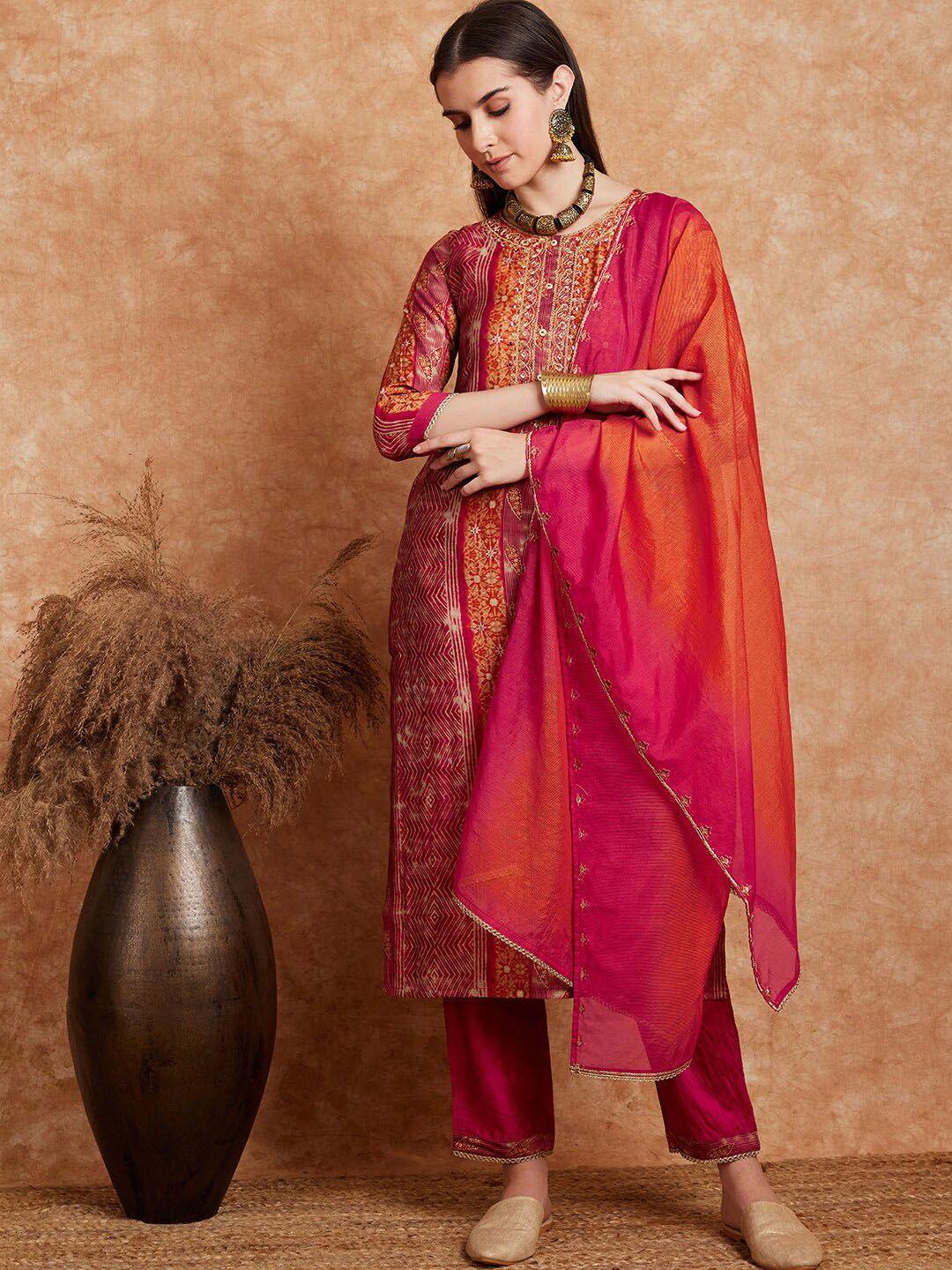 sangria orange ethnic motifs printed sequinned thread work kurta with trousers and dupatta
