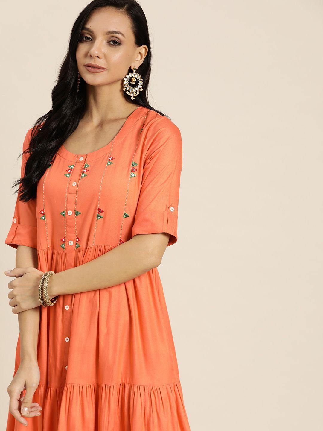 sangria orange geometric embroidered a-line midi dress