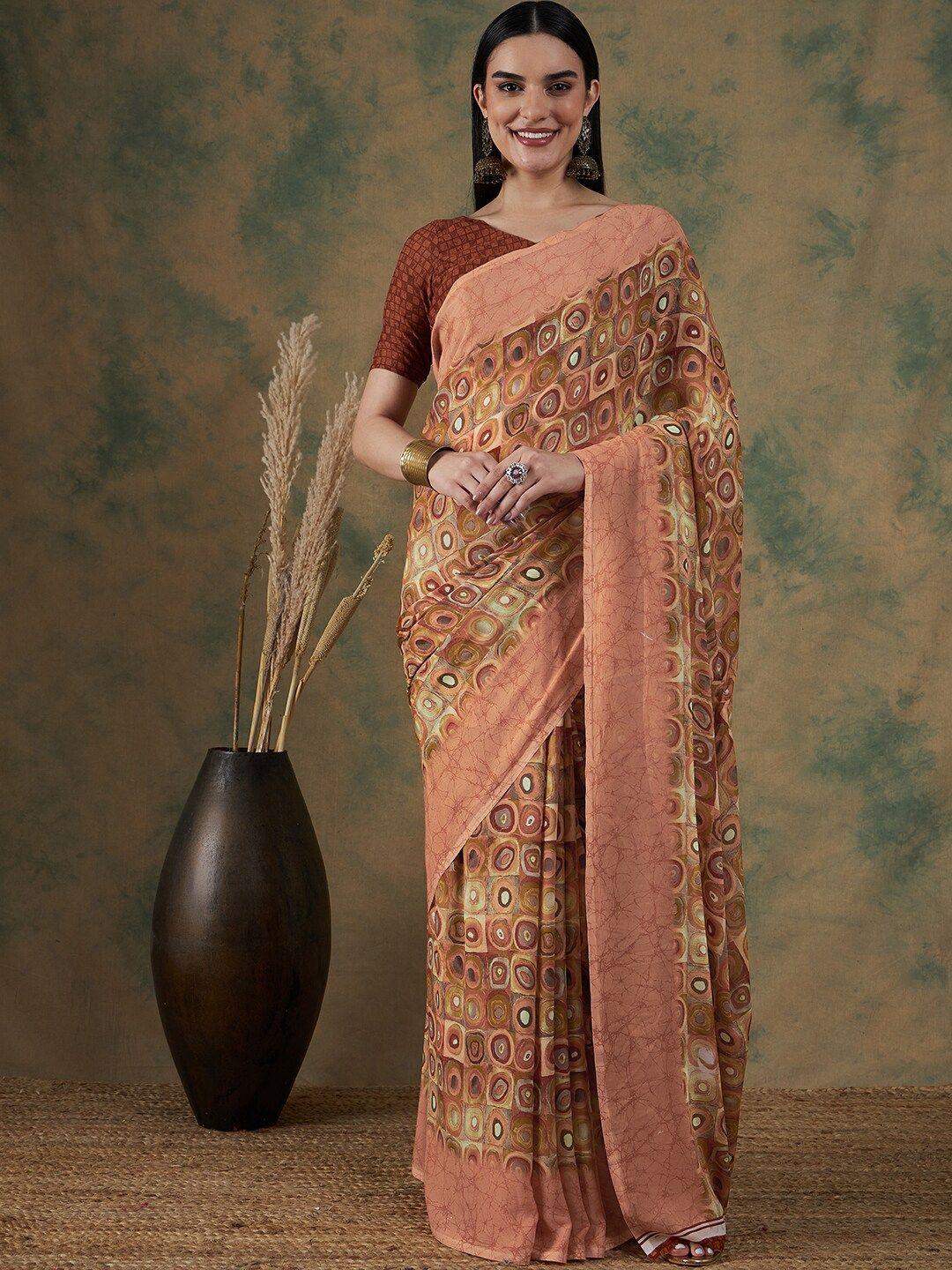 sangria orange geometric printed pure georgette saree