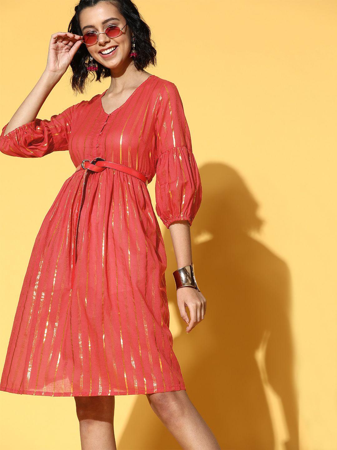 sangria orange striped puff sleeves dress