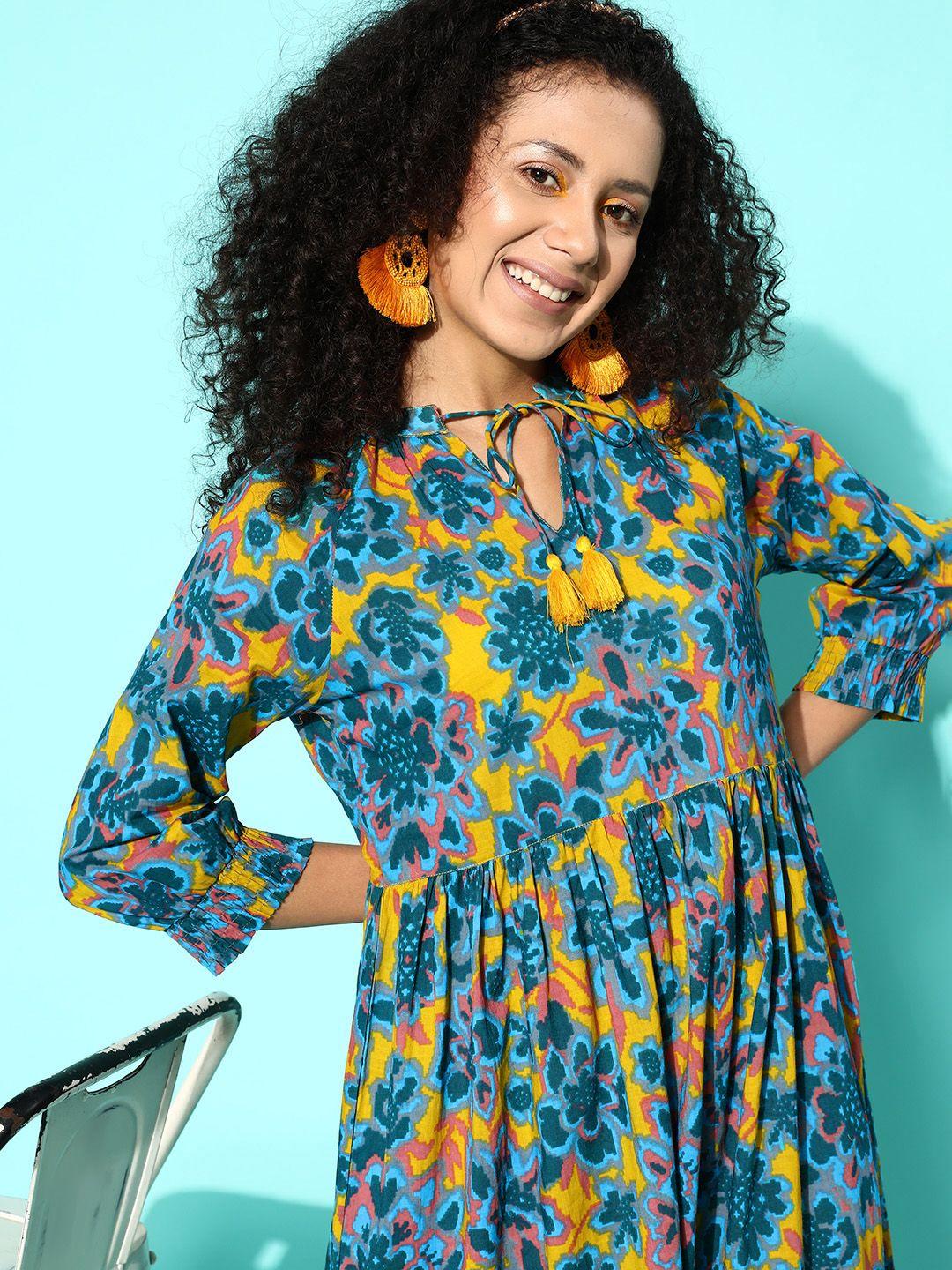 sangria overblown yellow & blue floral print tie-up neck comfort-fit-chic ethnic dress