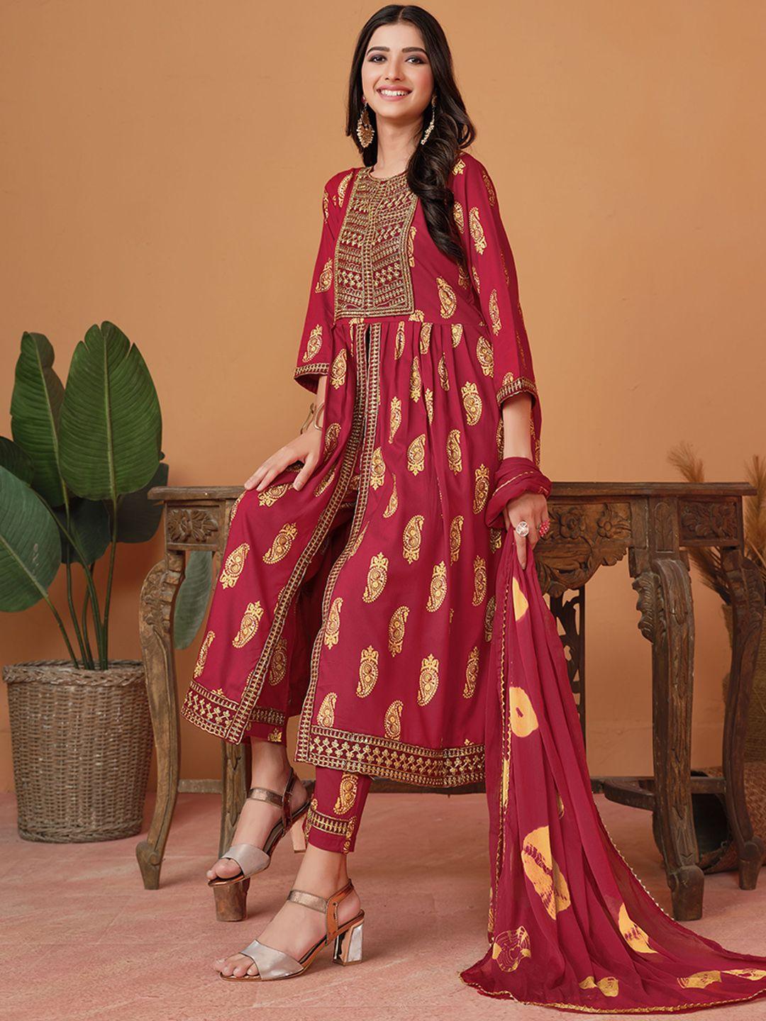 sangria paisley ethnic motifs printed anarkali kurta with trouser & dupatta