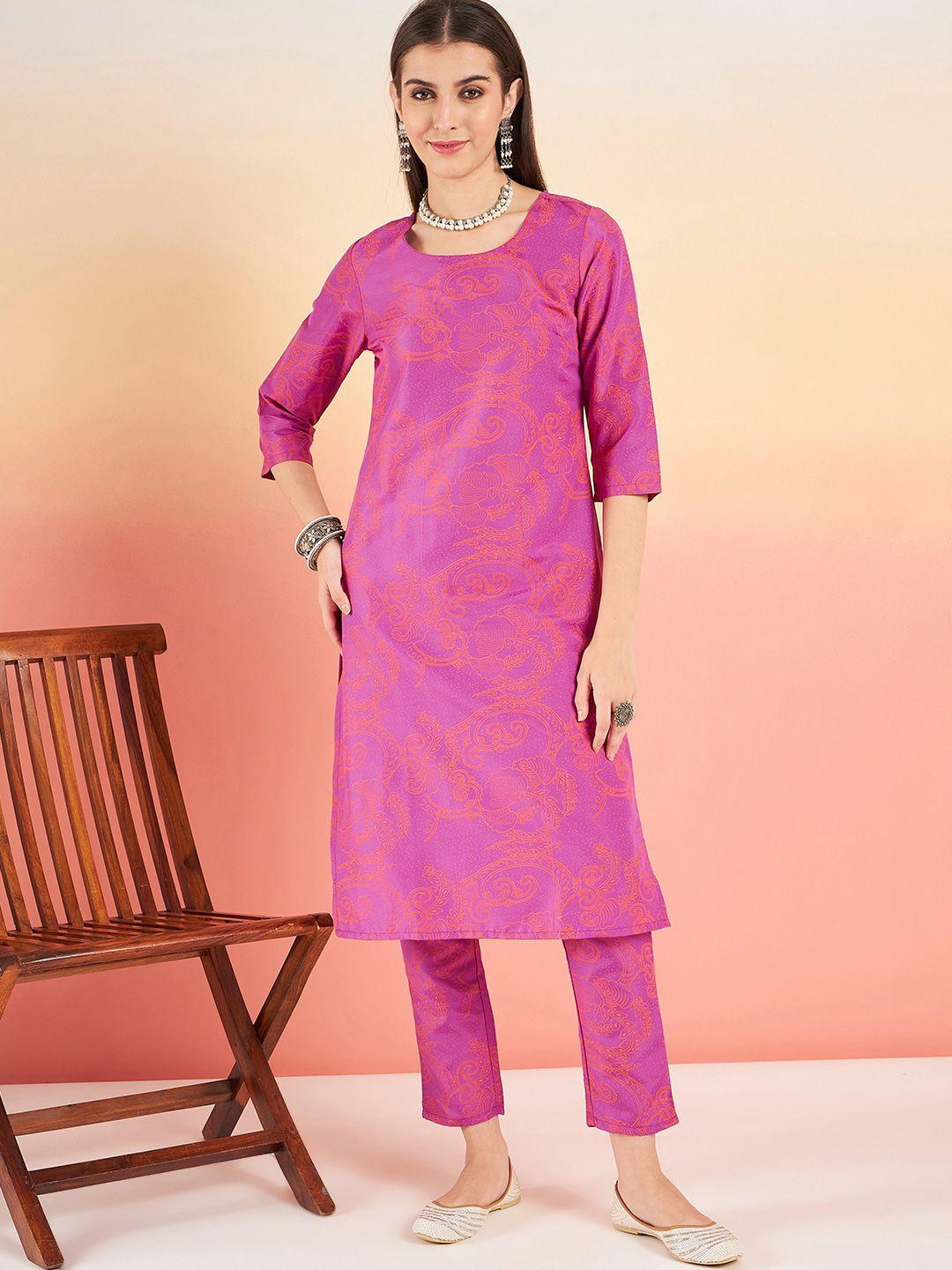 sangria paisley ethnic motifs printed round neck straight kurta with trousers