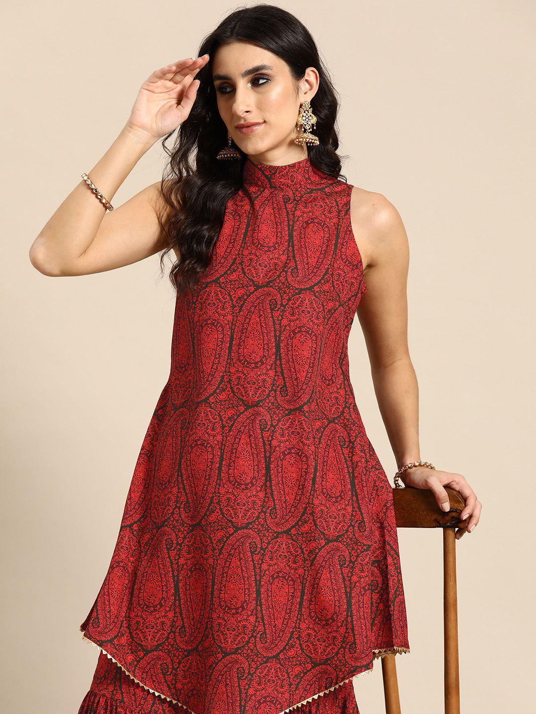 sangria paisley print asymmetric hem kurta with sharara