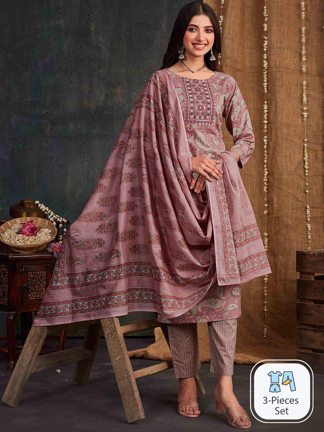 sangria paisley printed thread work sequined pure cotton kurta with trouser & dupatta