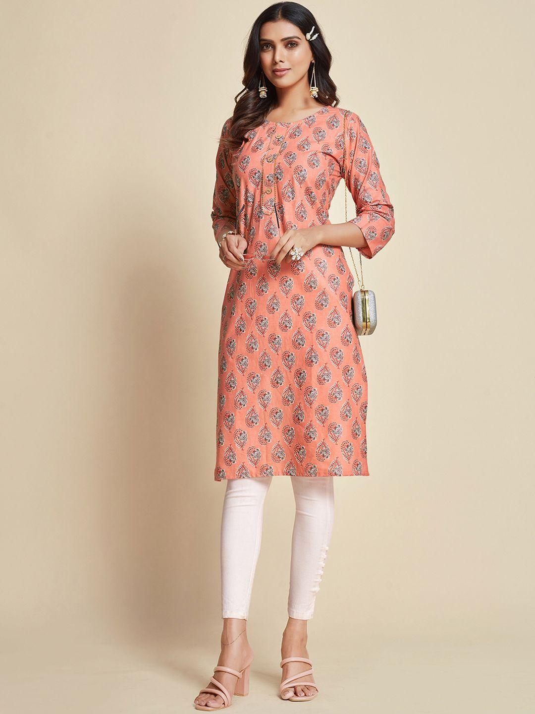 sangria peach & grey ethnic motifs  printed pure cotton kurta