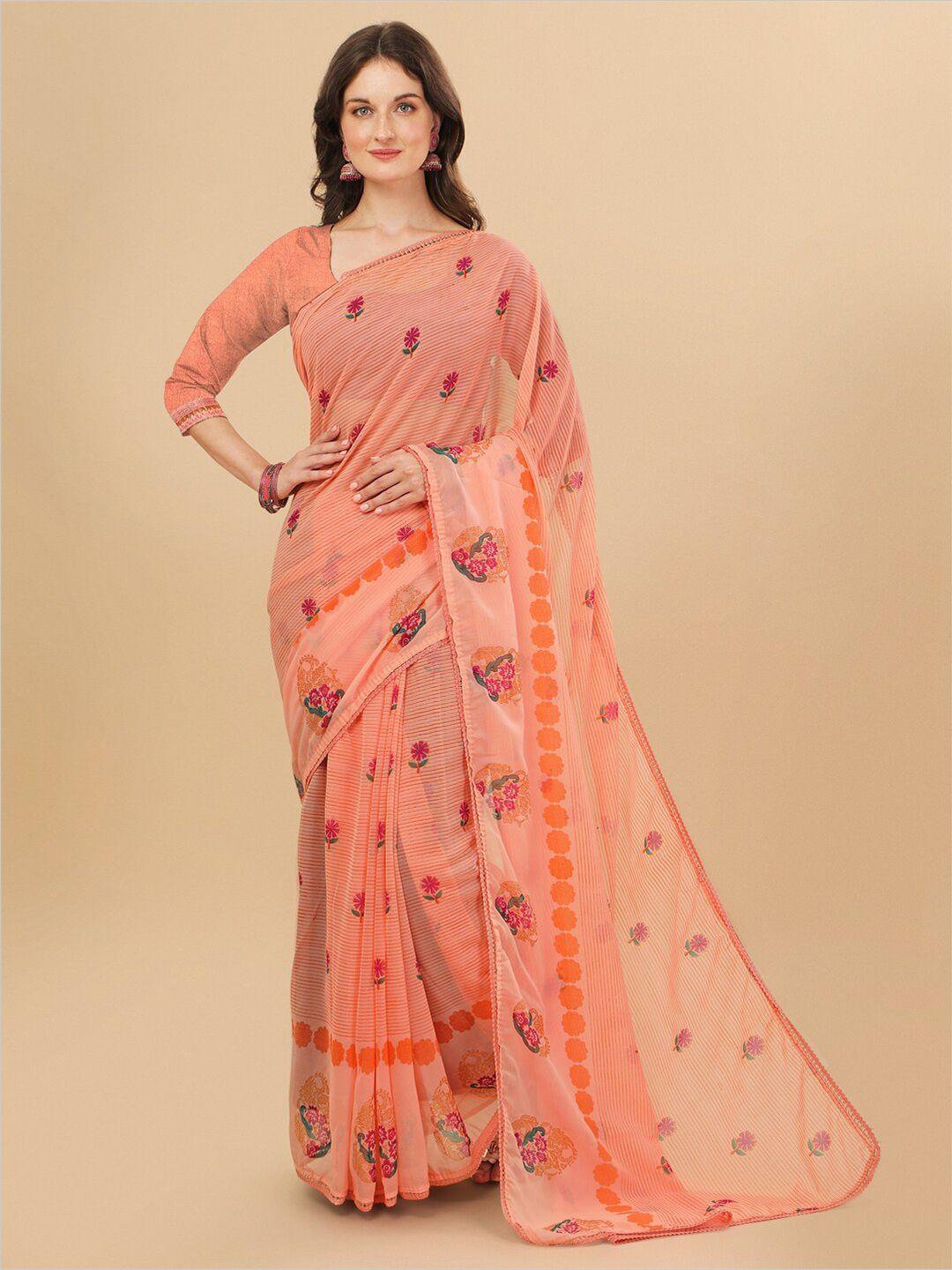 sangria peach & orange floral printed chiffon saree