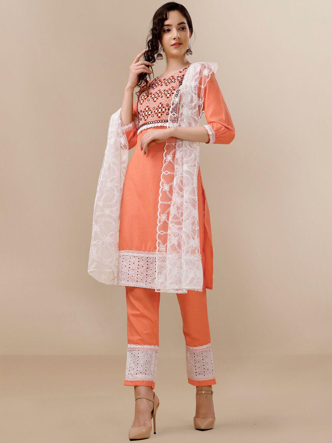 sangria peach & white geometric embroidered a-line kurta with trouser & dupatta