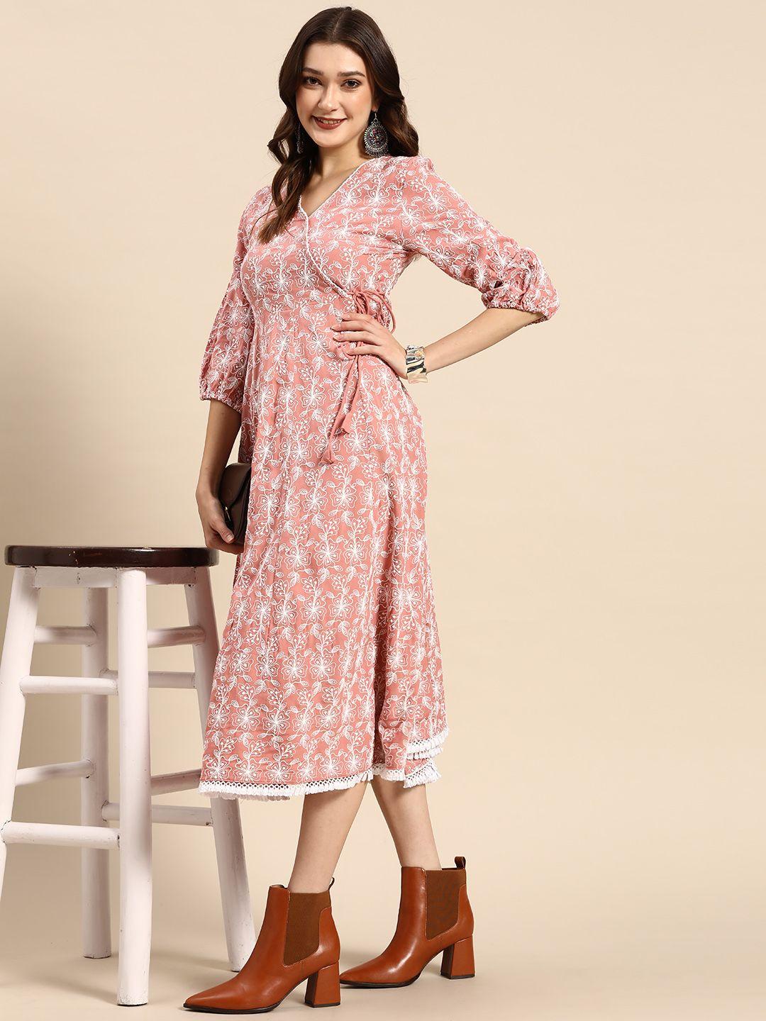 sangria peach-coloured & white floral embroidered lace inserts fringed midi wrap dress