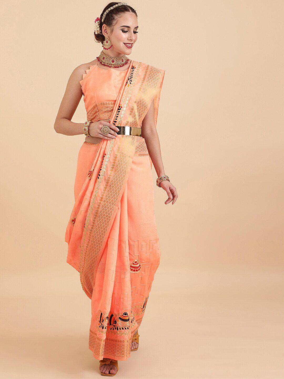 sangria peach-coloured cotton blend embroidered saree