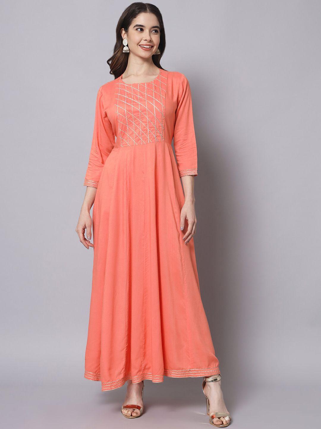 sangria peach coloured embellished cotton fit & flared maxi ethnic dress