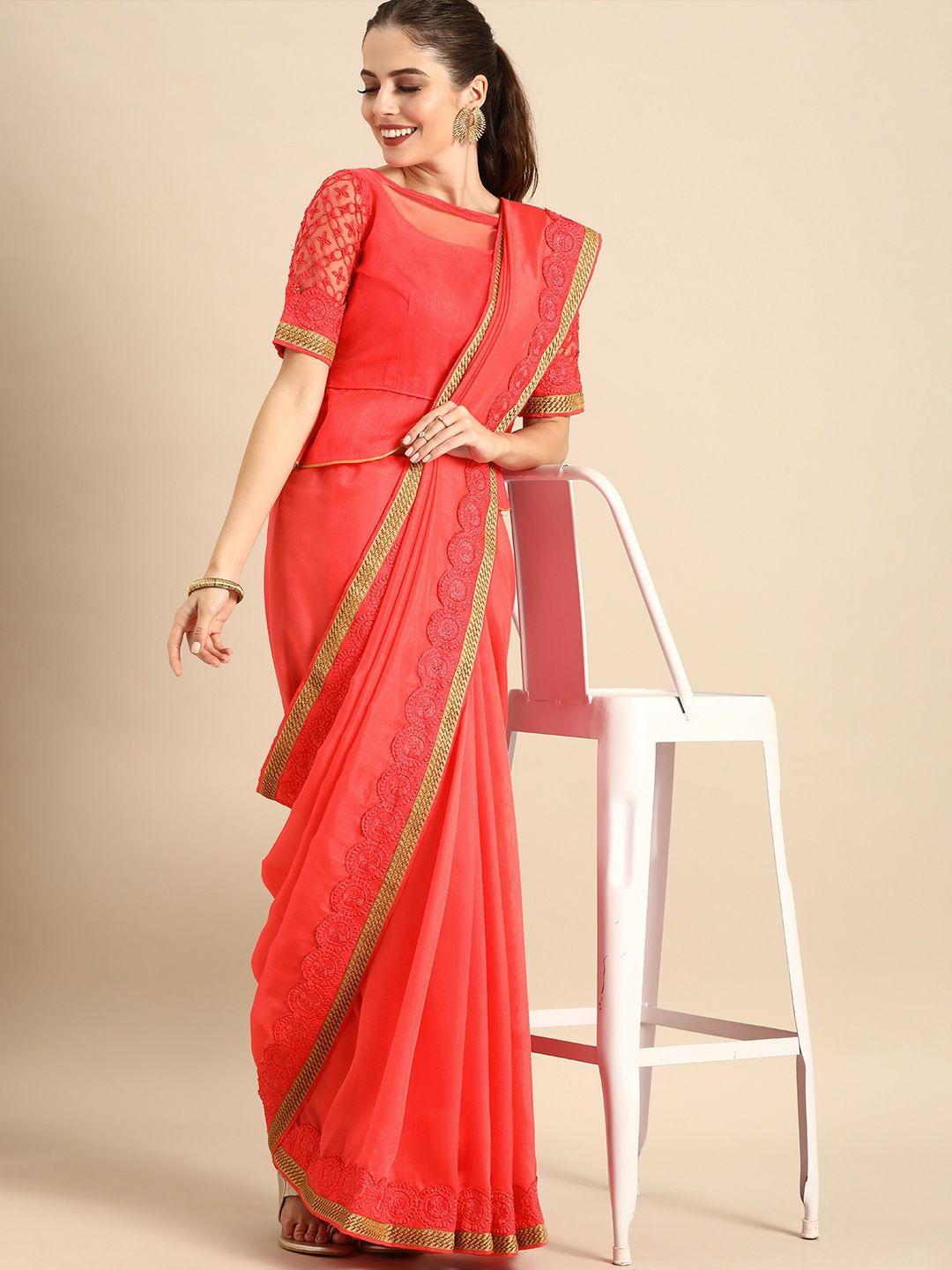 sangria peach-coloured embroidered silk blend saree