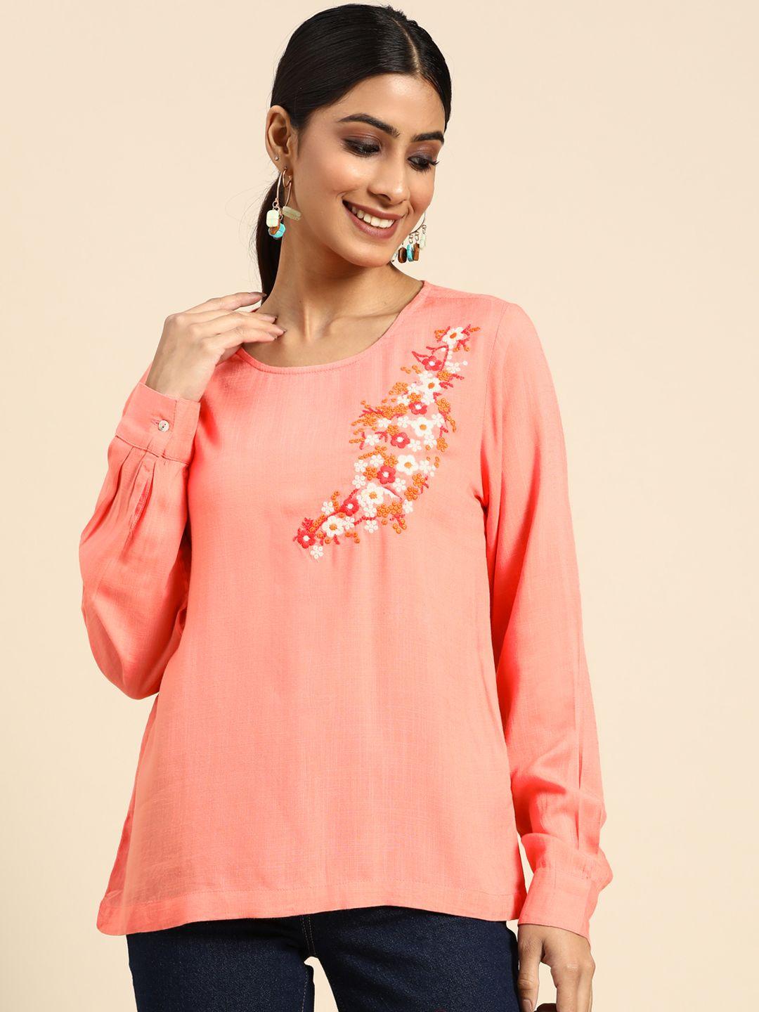 sangria peach-coloured embroidered top