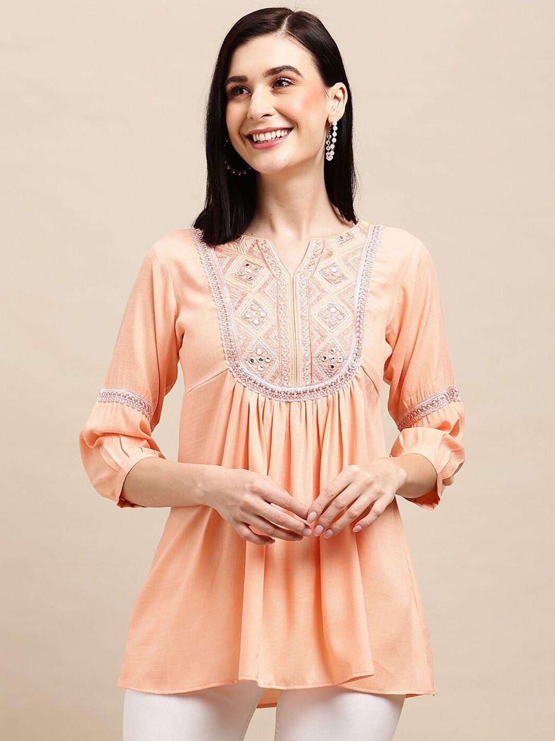sangria peach-coloured ethnic motifs embroidered round notched neck a-line top