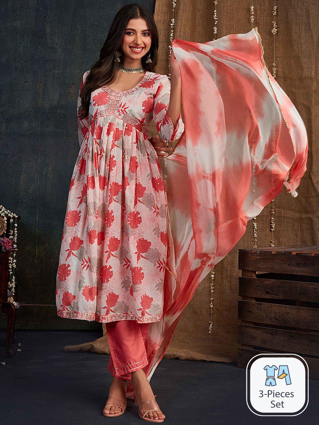 sangria peach-coloured floral printed embroidered a-line kurta with trouser & dupatta