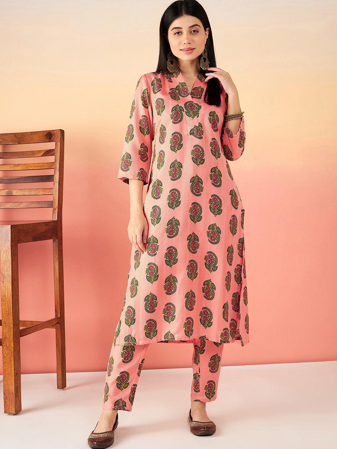 sangria peach coloured floral printed straight kurta with trouser