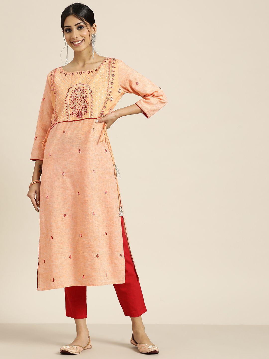 sangria peach-coloured floral yoke design pure cotton kurta