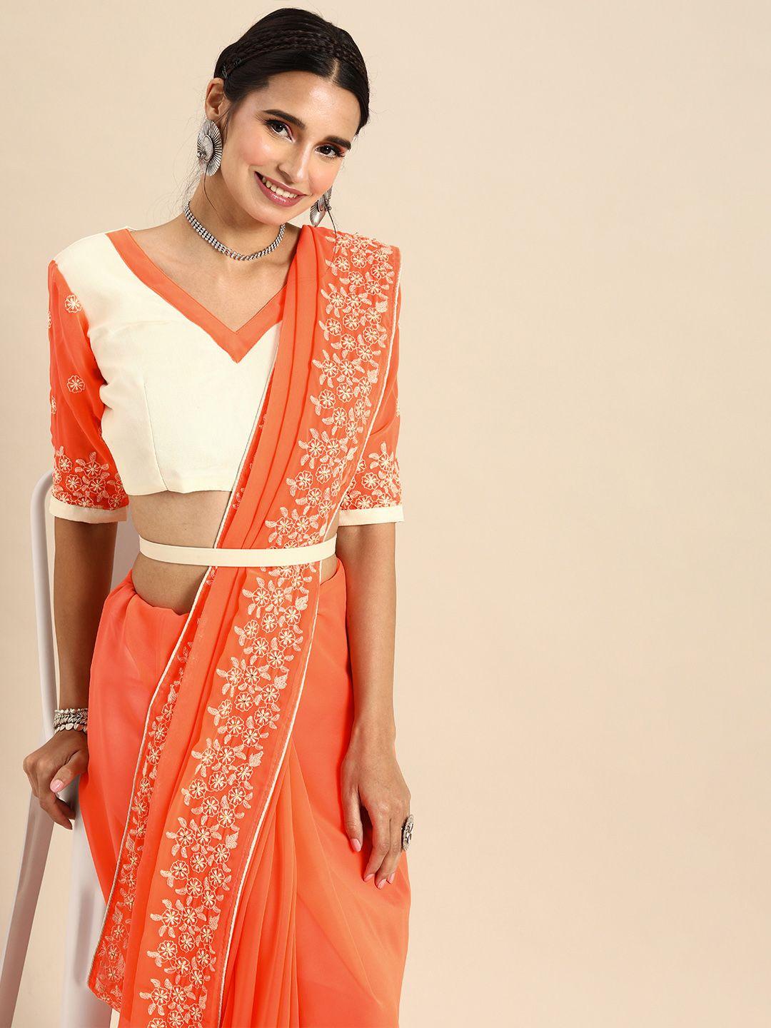 sangria peach-coloured solid pure georgette saree