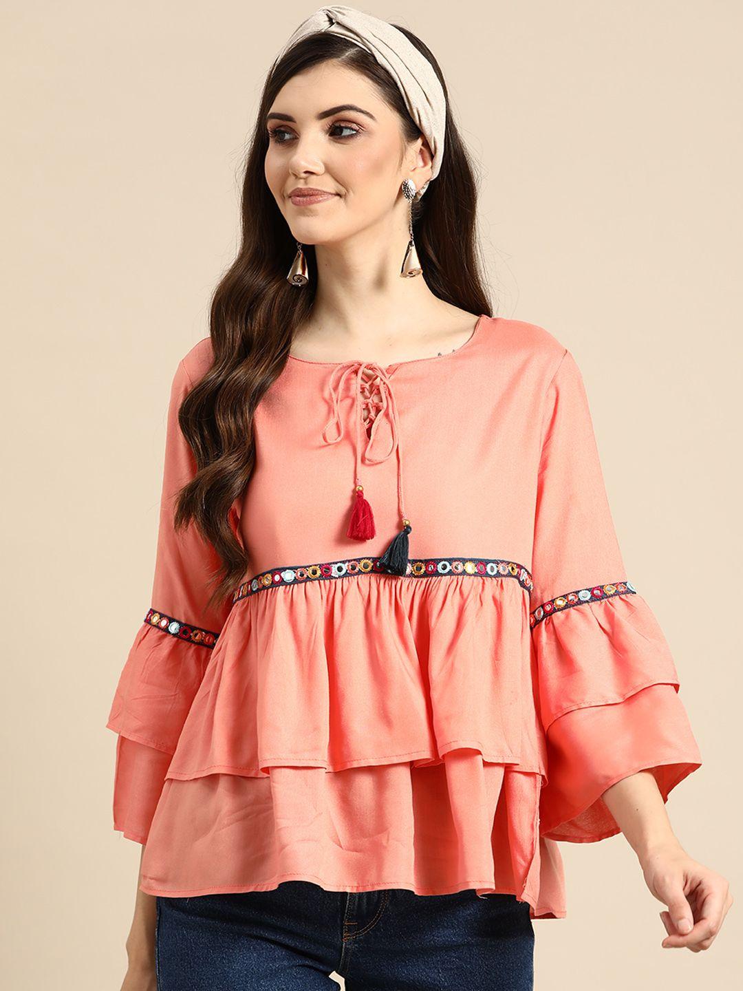 sangria peach-coloured tie-up neck layered top