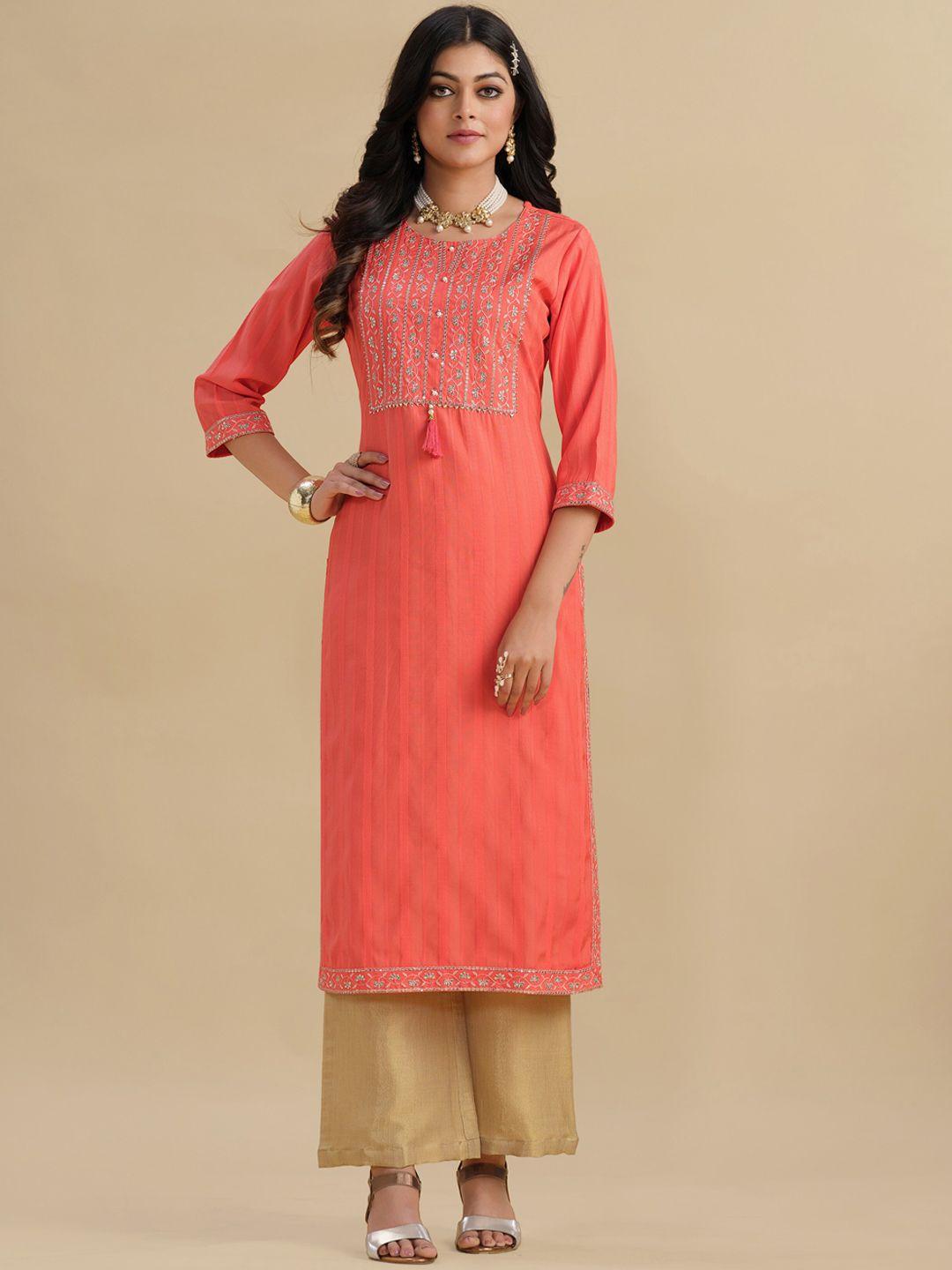 sangria peach floral yoke design thread work straight kurta