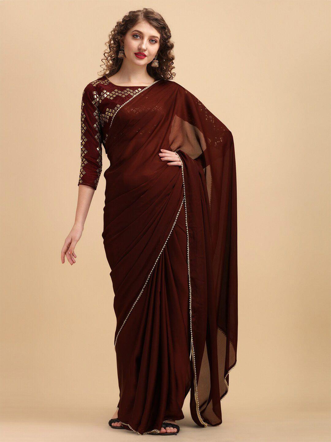 sangria pearl border detail saree with embroidered blouse and sleeves