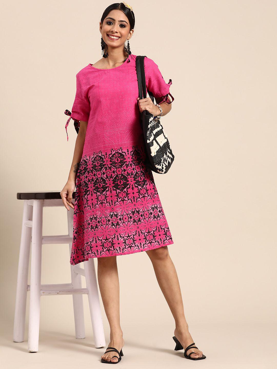 sangria pink & black ethnic motifs print cotton a-line dress