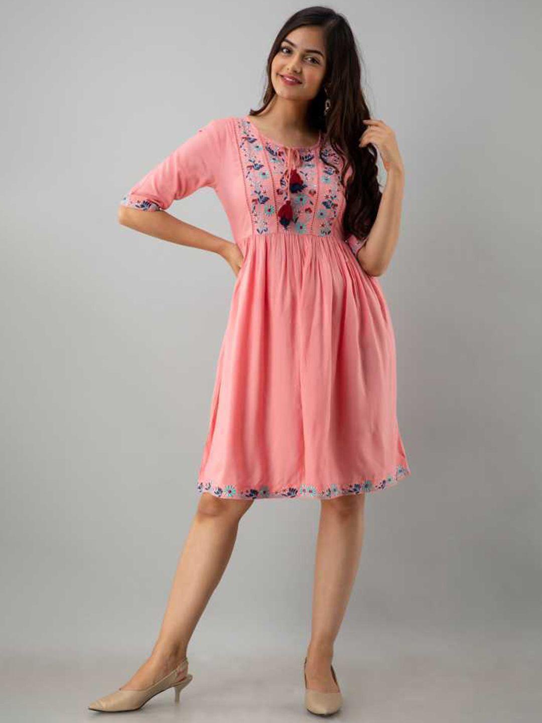 sangria pink & blue embroidered fit & flare dress