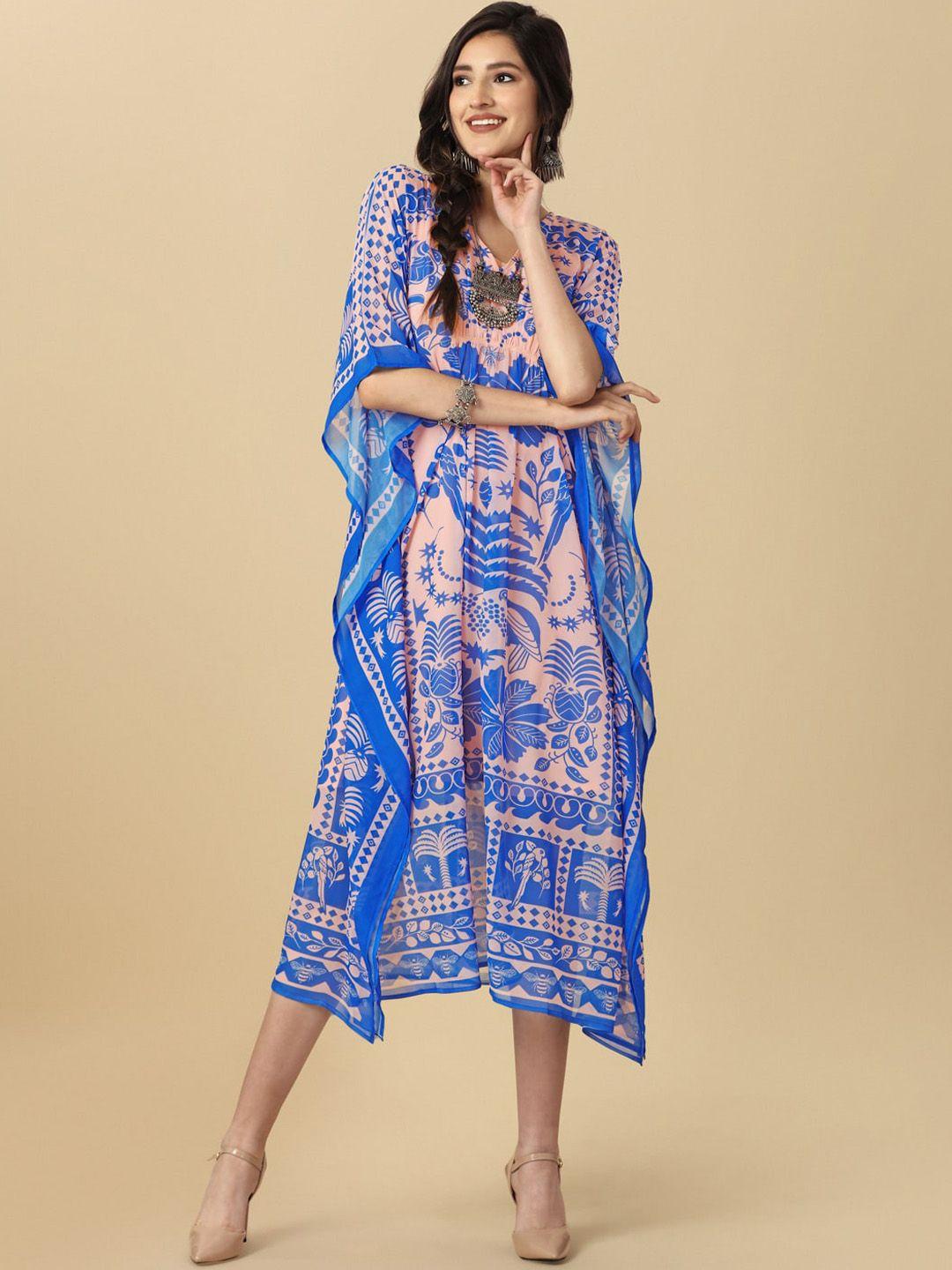sangria pink & blue tropical printed kaftan kurta