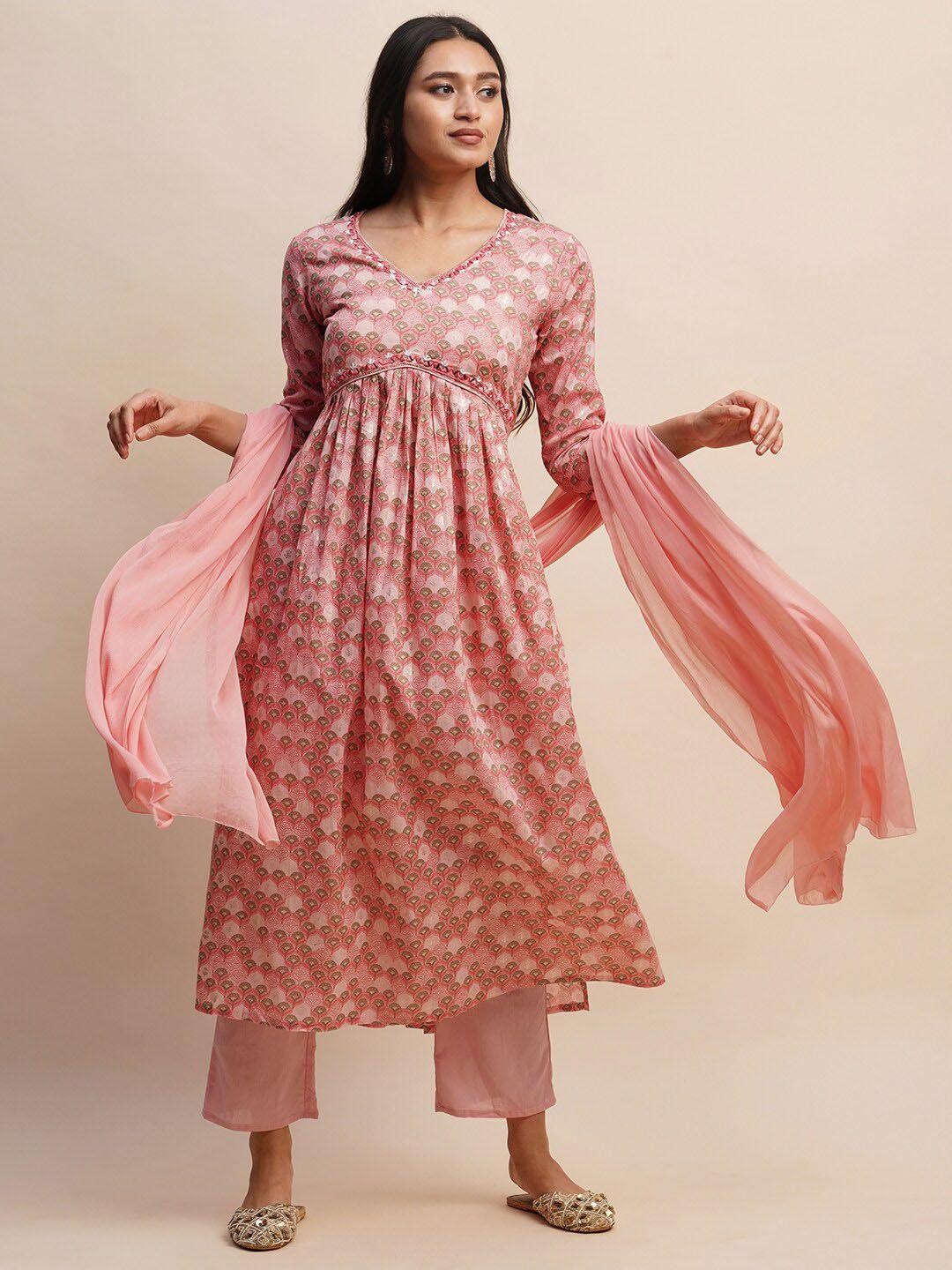 sangria pink & cream printed empire pure cotton a-line kurta with trouser & dupatta