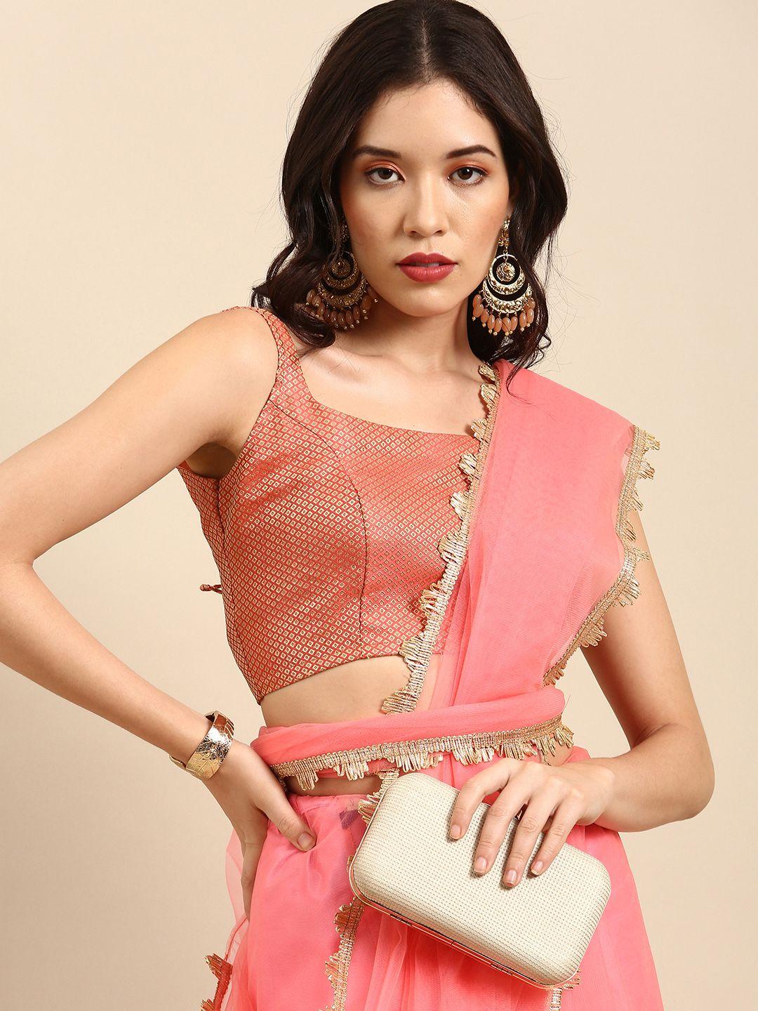 sangria pink & gold-toned sequinned net saree