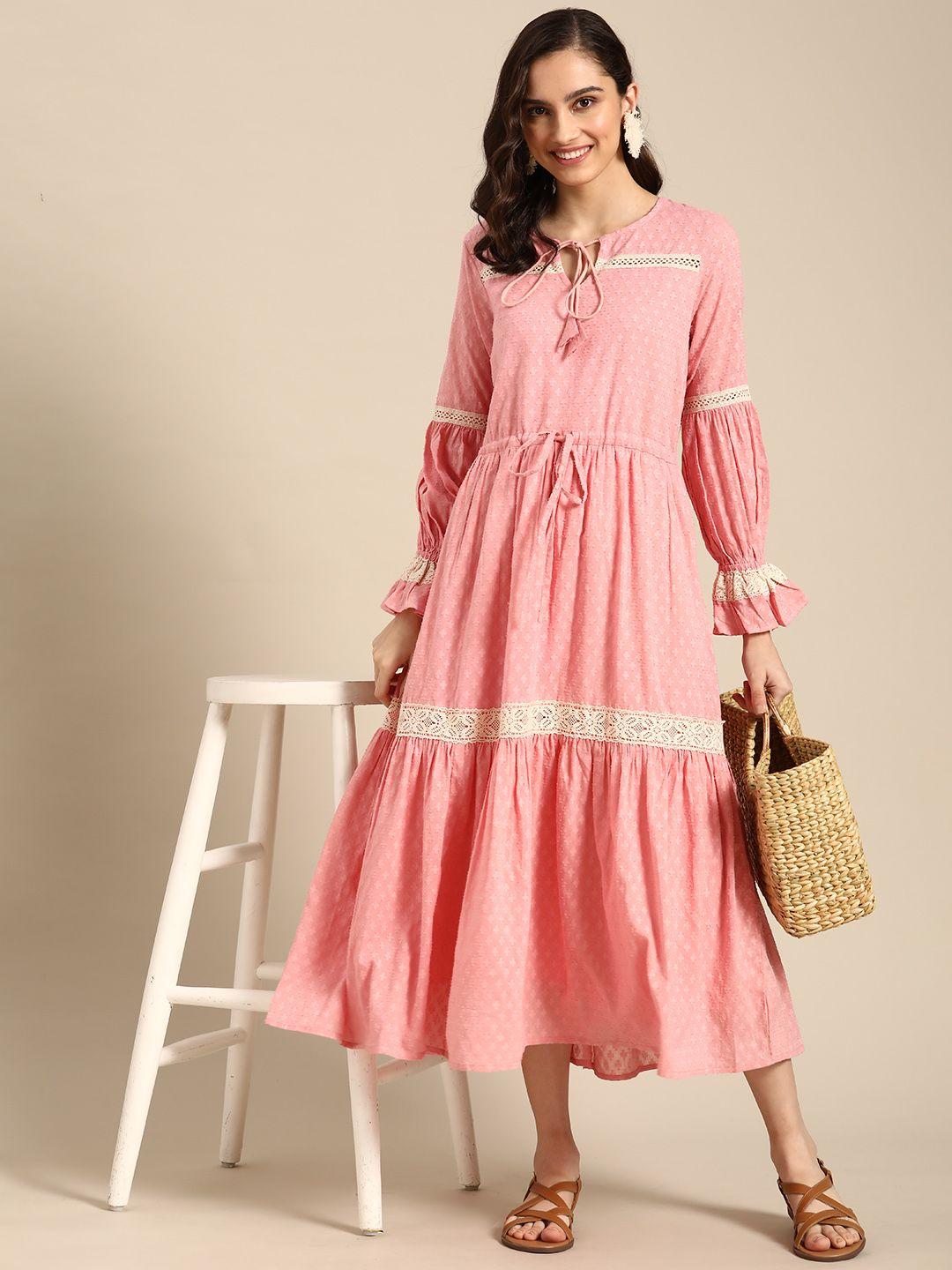 sangria pink & off-white ethnic dobby weave lace inserts midi cotton fit & flare dress